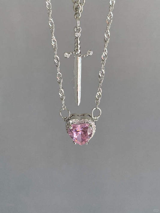 Pink Heart & Sword Necklace