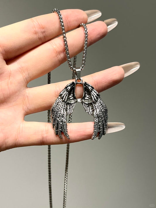 Silver Skull Angel Wings Necklace