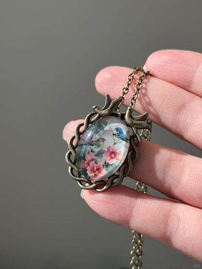 Bronze Pink Floral Bird Necklace