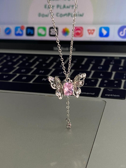 Silver Pink Butterfly Crystal Necklace