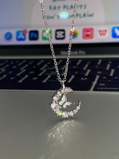 Silver Moon Butterfly Crystal Necklace