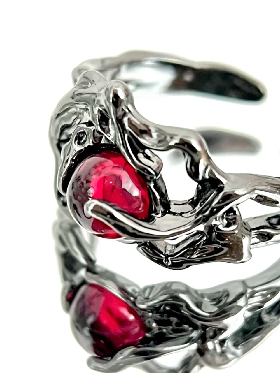Obsidian Bird on Ruby Nest Ring