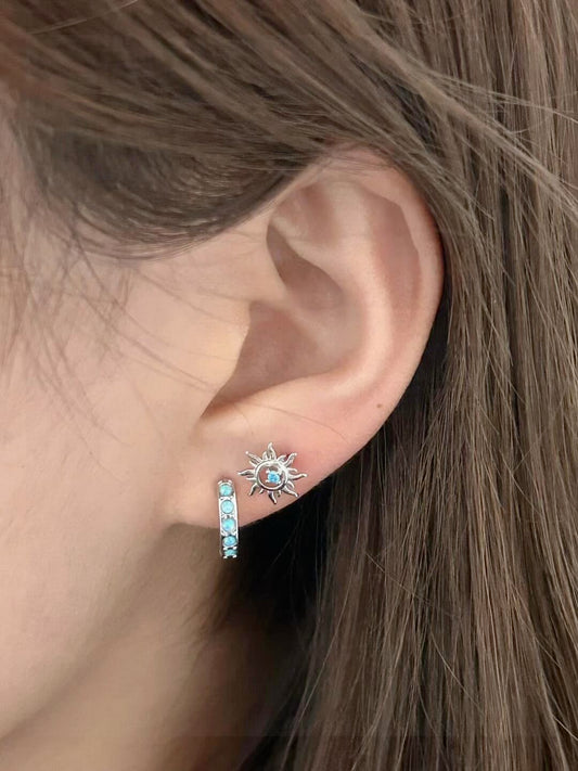 Blue Crystal Sun Stud Double Lobe Earring Stack