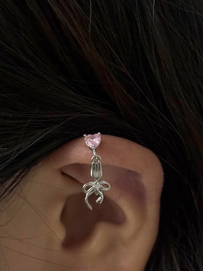 Pink Heart Fork and Bow Helix Earring