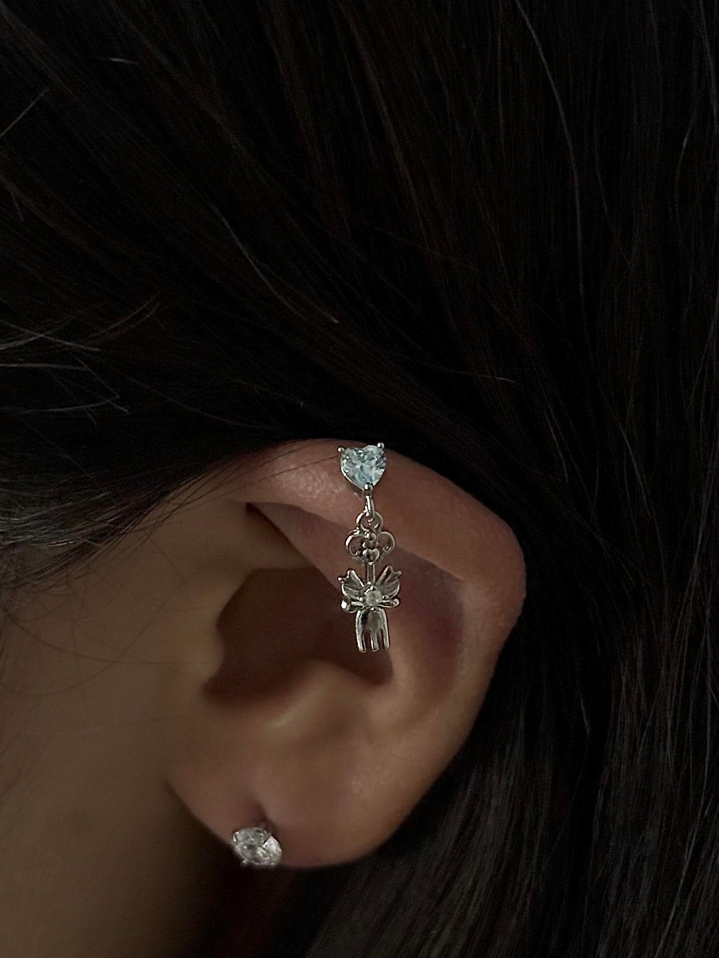 Blue Heart Key and Butterfly Fork Helix Earring