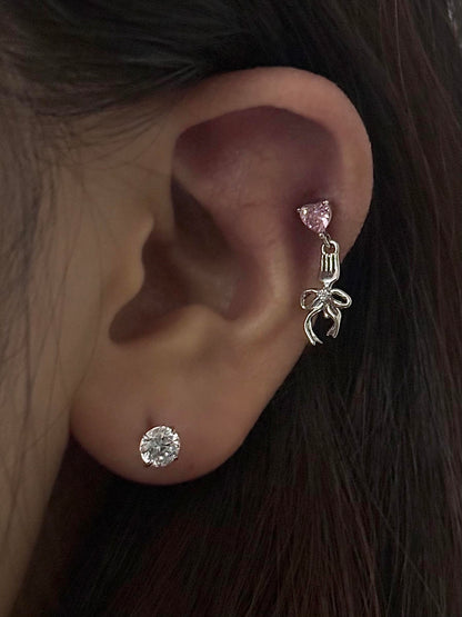 Pink Heart Fork and Bow Helix Earring