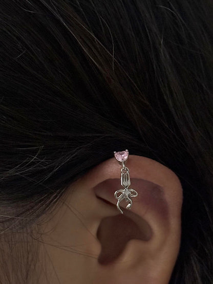Pink Heart Fork and Bow Helix Earring