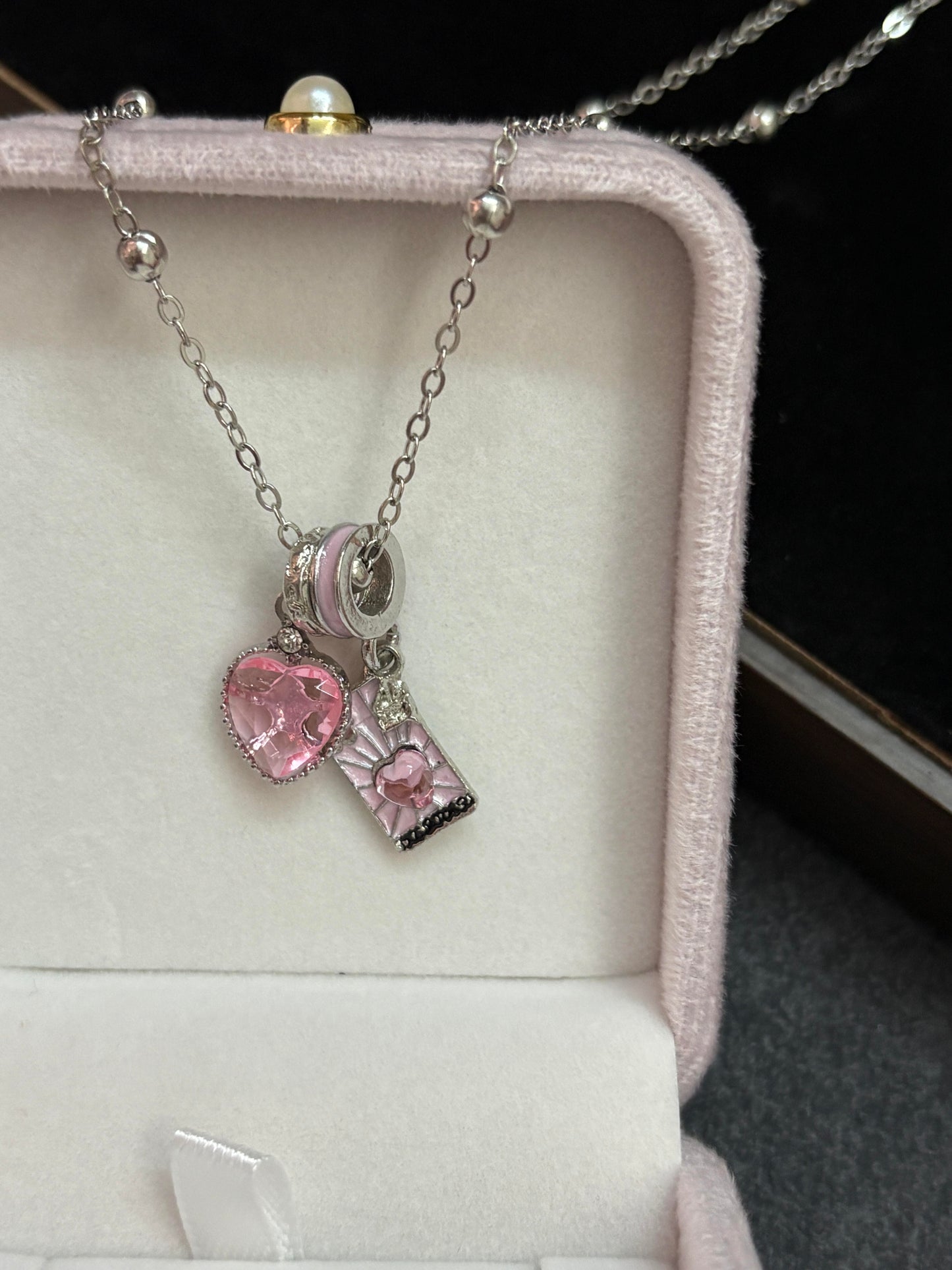 Pink Heart & Love Letter Charm Necklace