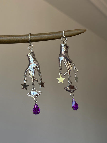 Silver Celestial Hand Drop Earrings