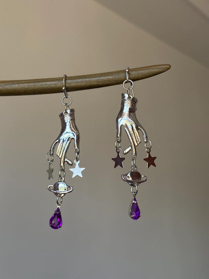Silver Celestial Hand Drop Earrings