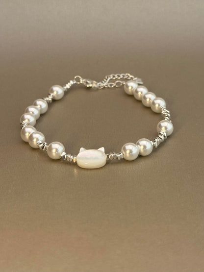 Silver Pearl Cat Bracelet