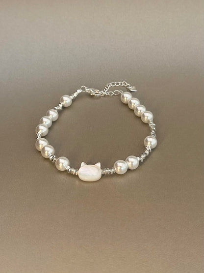Silver Pearl Cat Bracelet