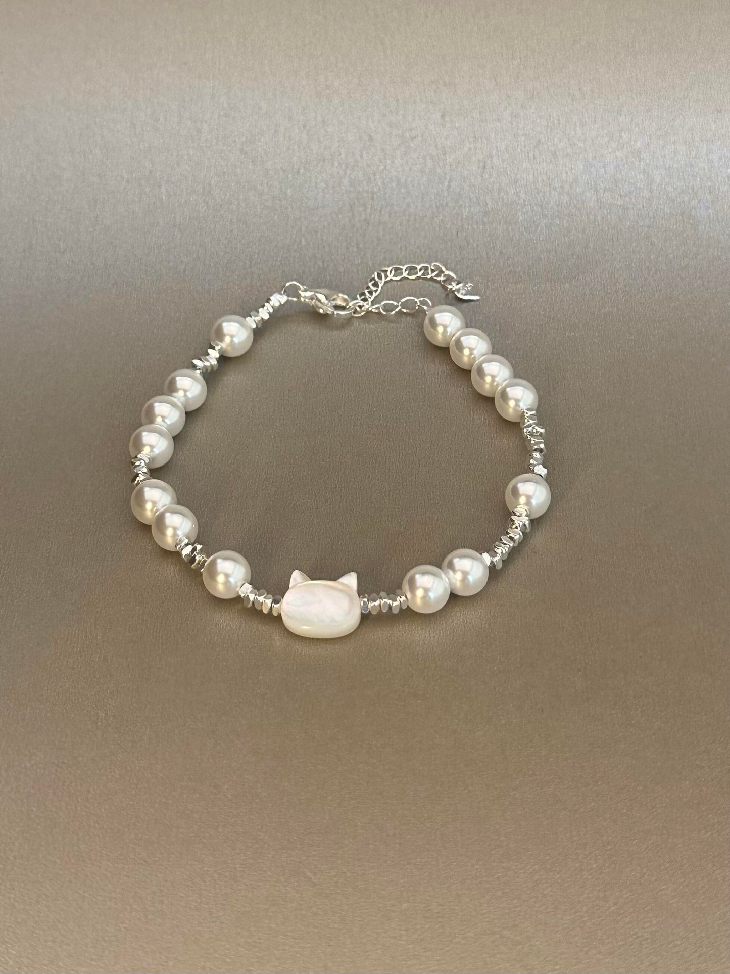 Silver Pearl Cat Bracelet