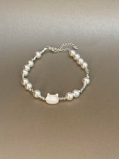 Silver Pearl Cat Bracelet