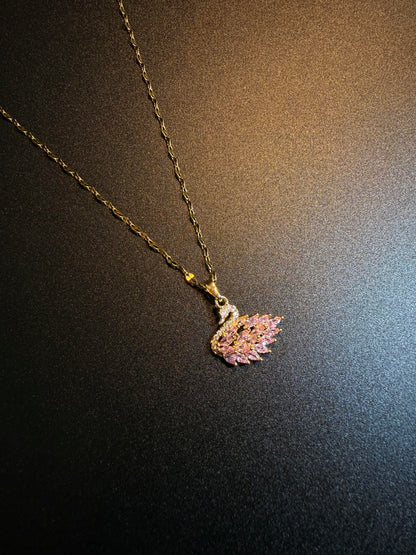 Gold Pink Crystal Swan Necklace