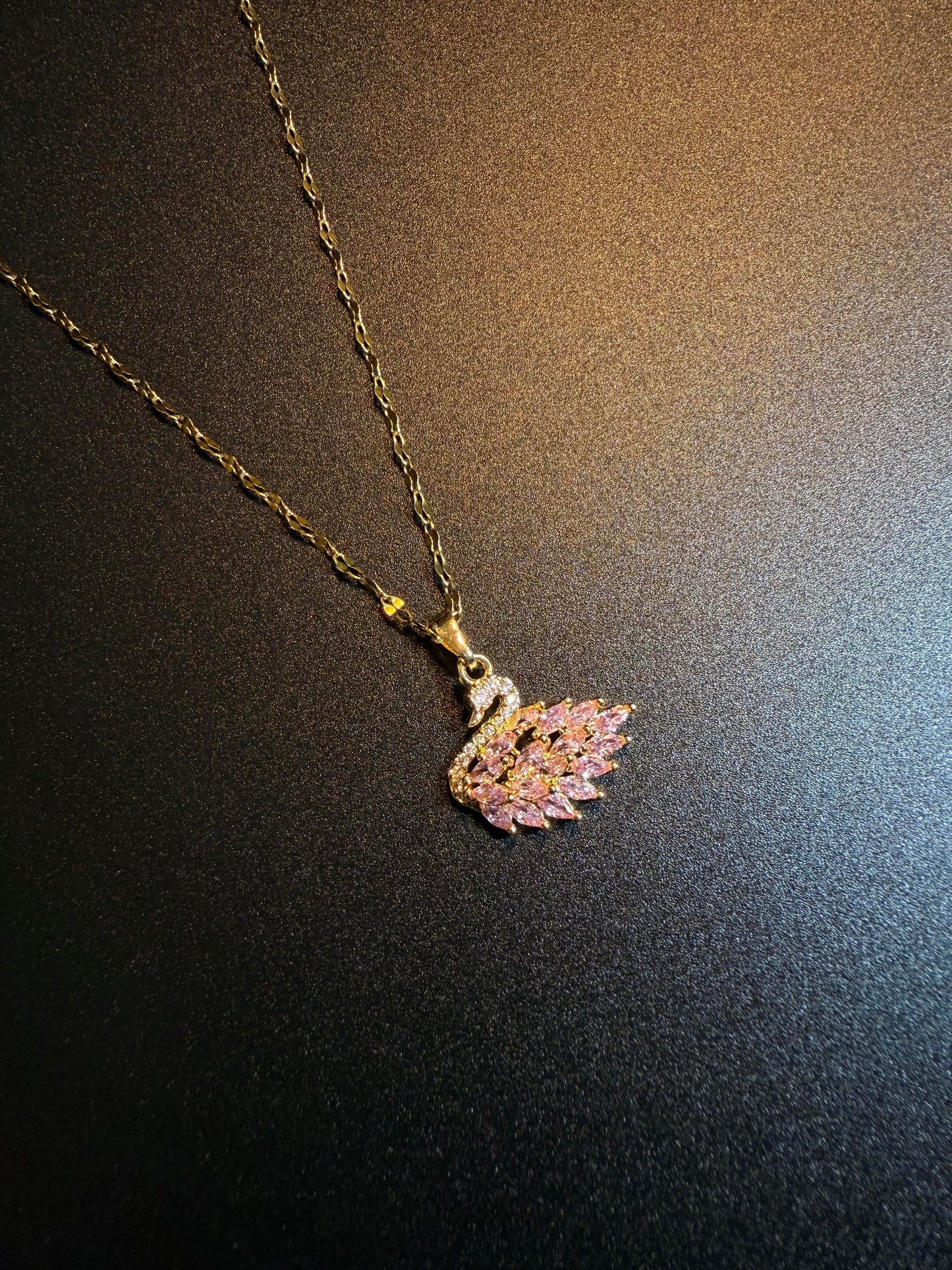 Gold Pink Crystal Swan Necklace