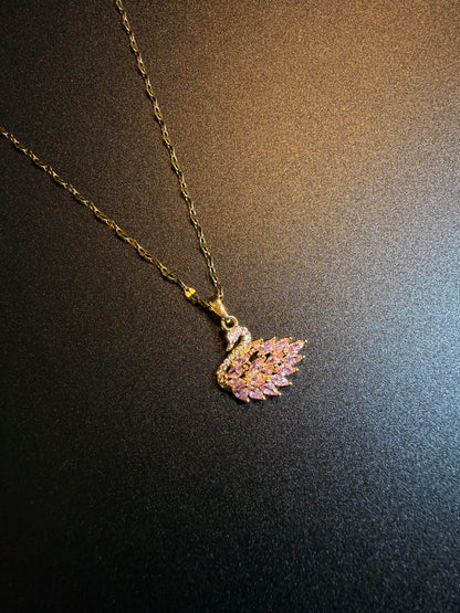Gold Pink Crystal Swan Necklace