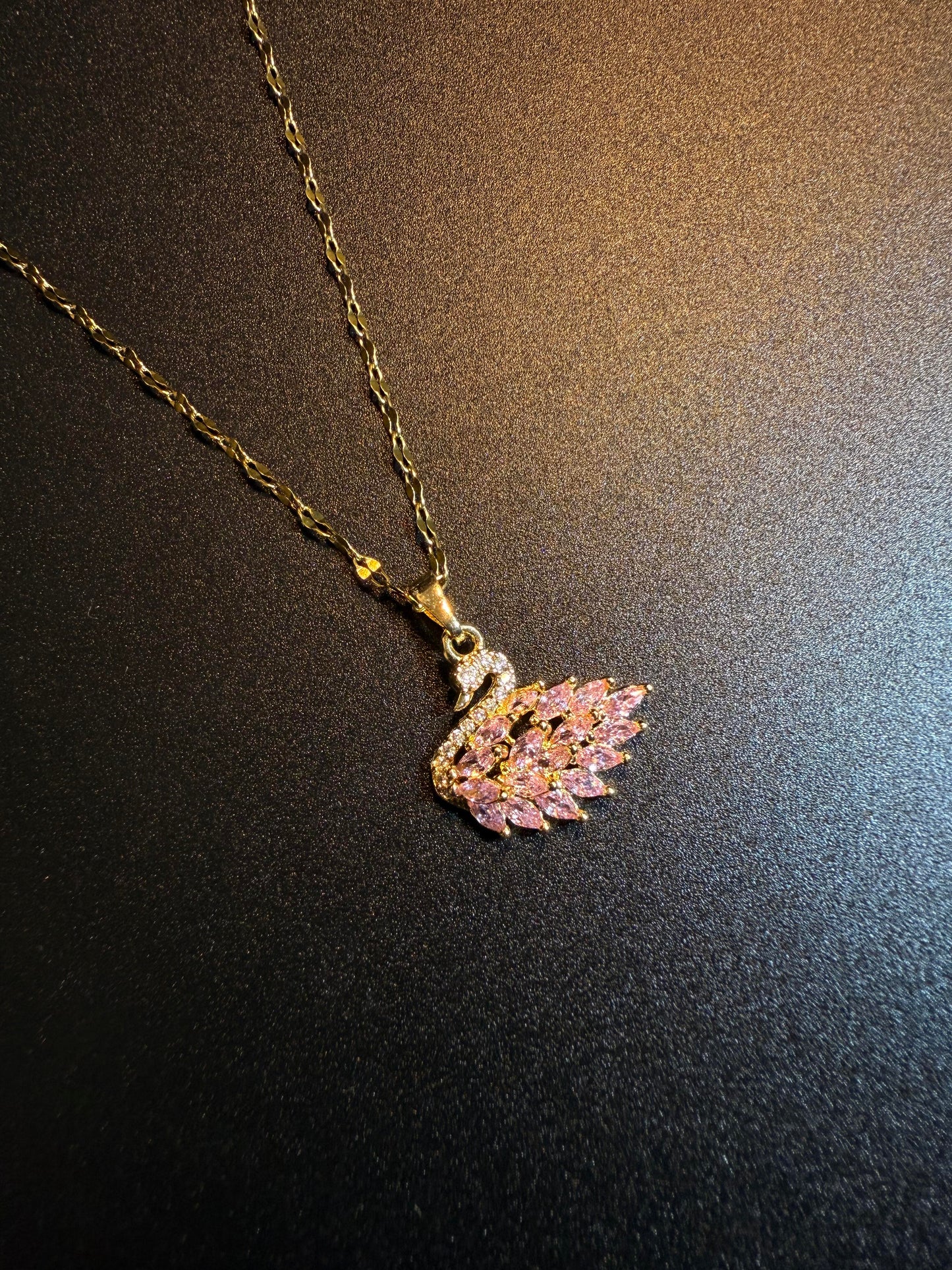 Gold Pink Crystal Swan Necklace