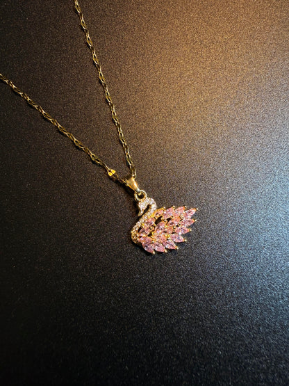 Gold Pink Crystal Swan Necklace