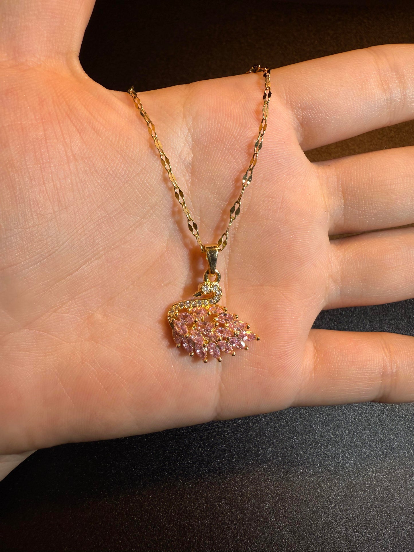 Gold Pink Crystal Swan Necklace