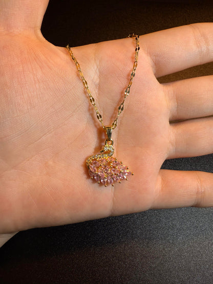 Gold Pink Crystal Swan Necklace