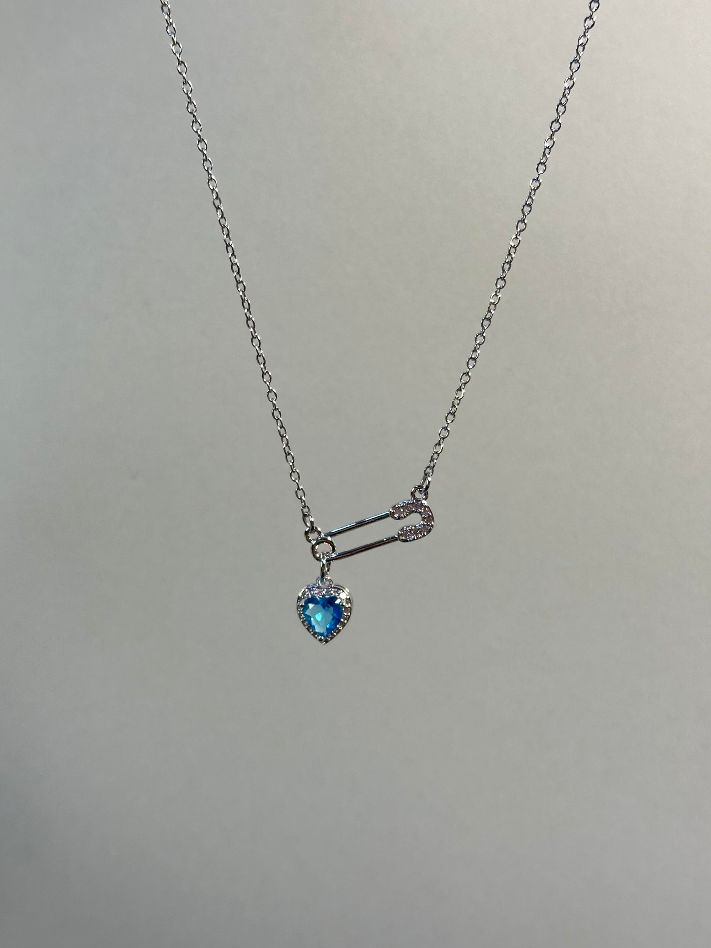 Silver Blue Heart Safety Pin Necklace