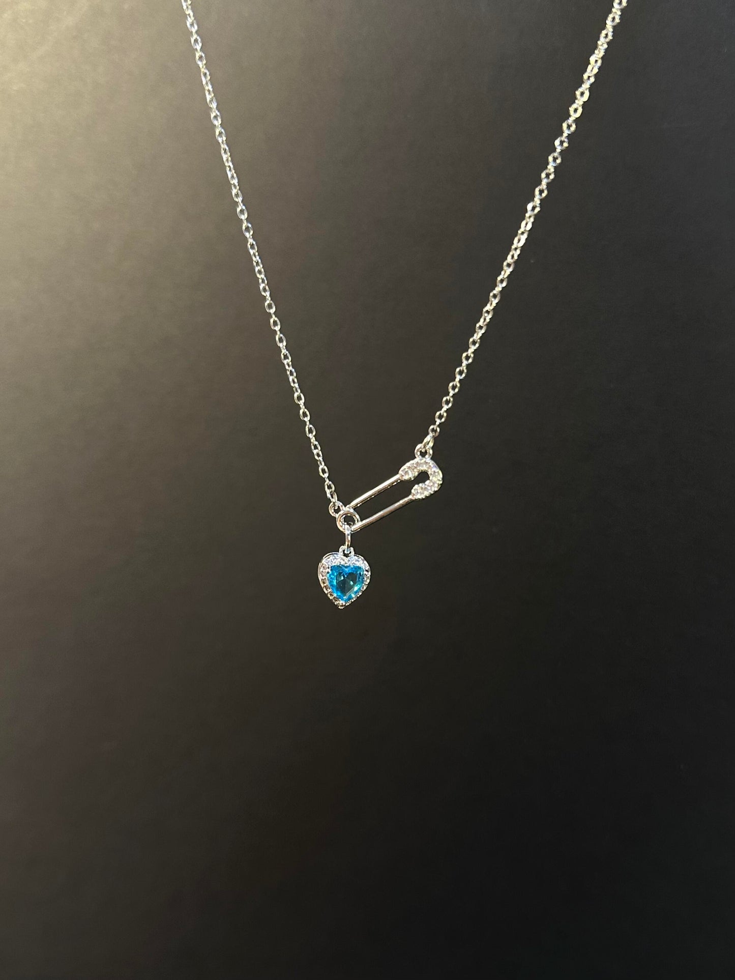 Silver Blue Heart Safety Pin Necklace
