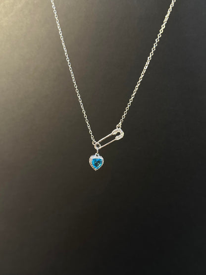 Silver Blue Heart Safety Pin Necklace