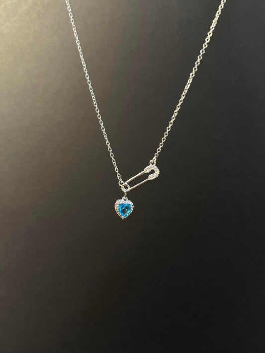 Silver Blue Heart Safety Pin Necklace