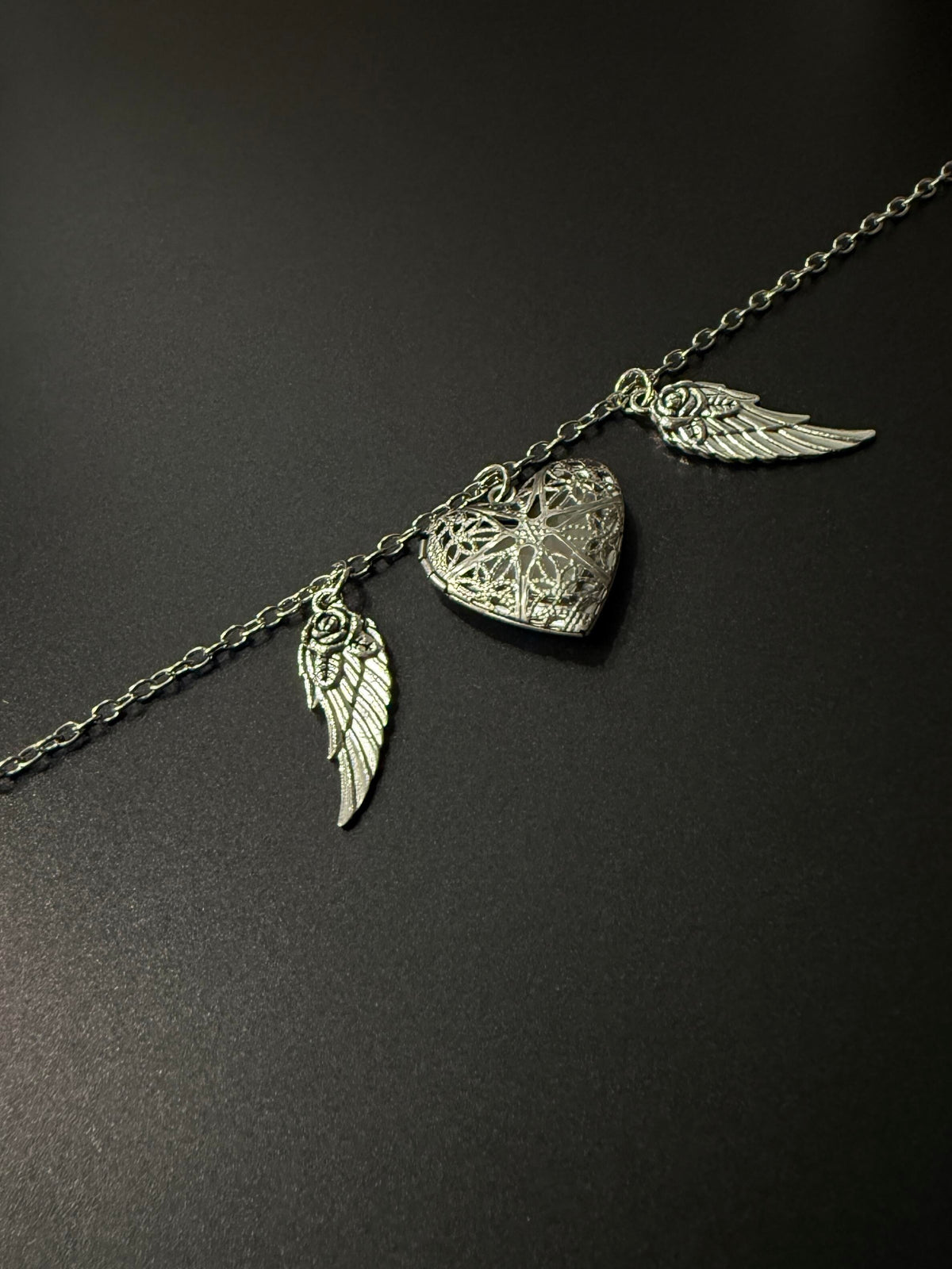 Antique Silver Heart & Wings Necklace