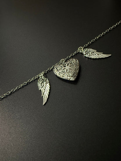 Antique Silver Heart & Wings Necklace