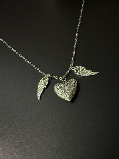 Antique Silver Heart & Wings Necklace