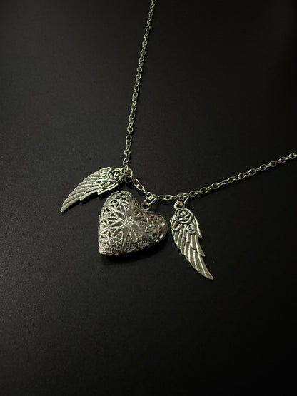 Antique Silver Heart & Wings Necklace