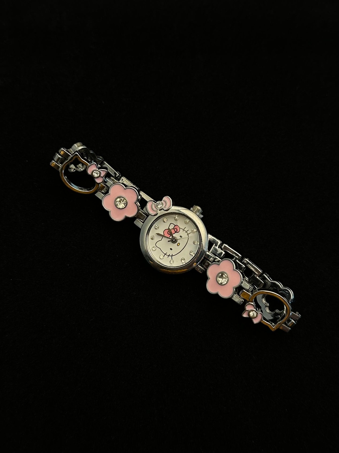 Silver Pink Flower Kitty Bracelet Watch