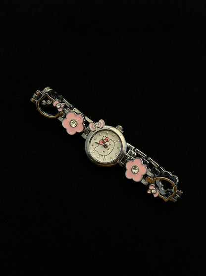 Silver Pink Flower Kitty Bracelet Watch