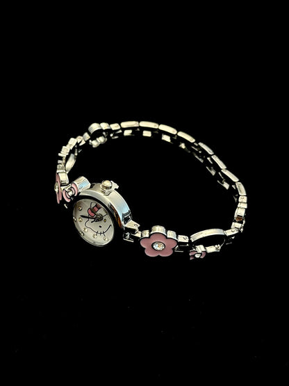 Silver Pink Flower Kitty Bracelet Watch
