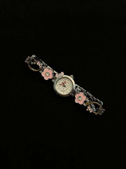 Silver Pink Flower Kitty Bracelet Watch