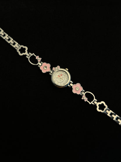 Silver Pink Flower Kitty Bracelet Watch