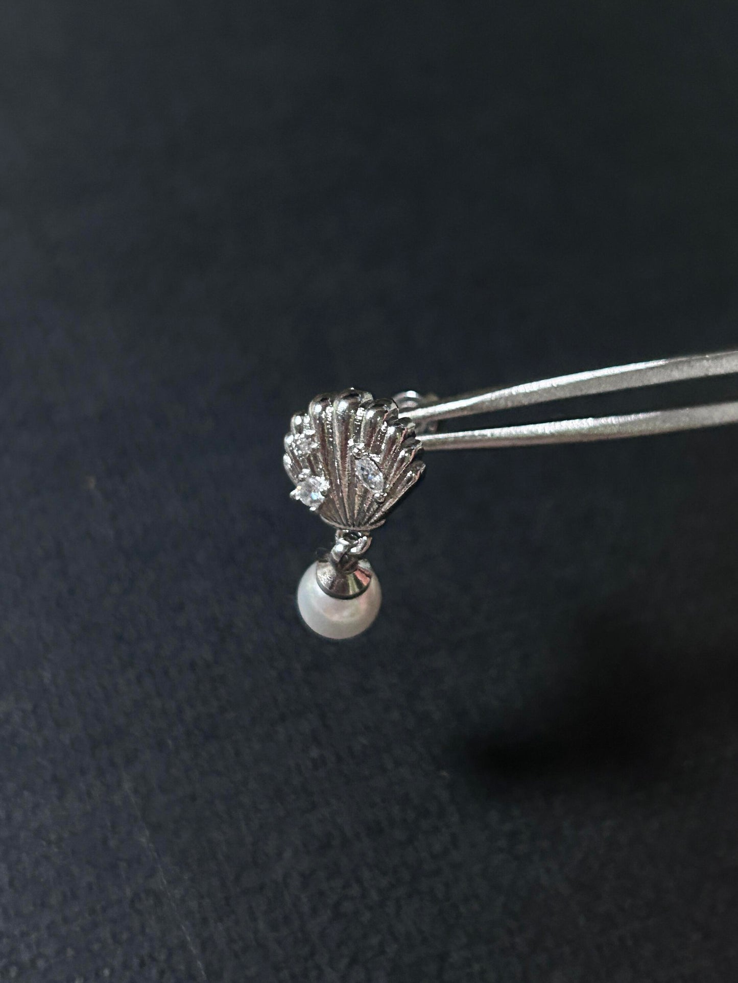 Silver Pearl Seashell Drop Stud Earrings