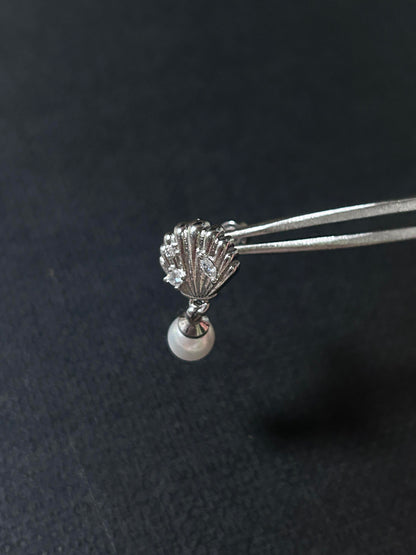 Silver Pearl Seashell Drop Stud Earrings