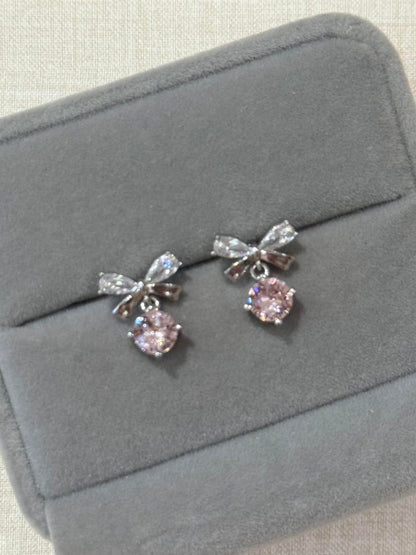 Silver Crystal Bow Pink Drop Earrings