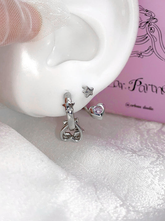Silver Rock Hand and Pink Heart Star Double Lobe Earring Stack