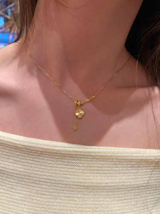 Golden Textured Clover Drop Necklace