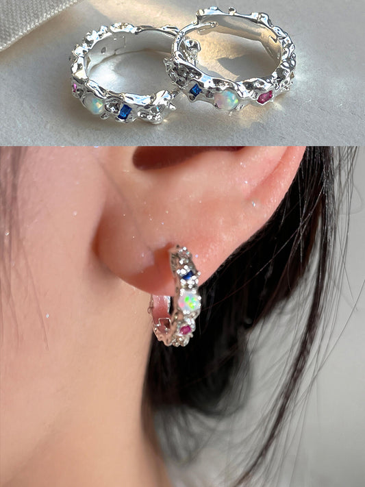 Silver Textured Multi-Stone Hoop Earrings