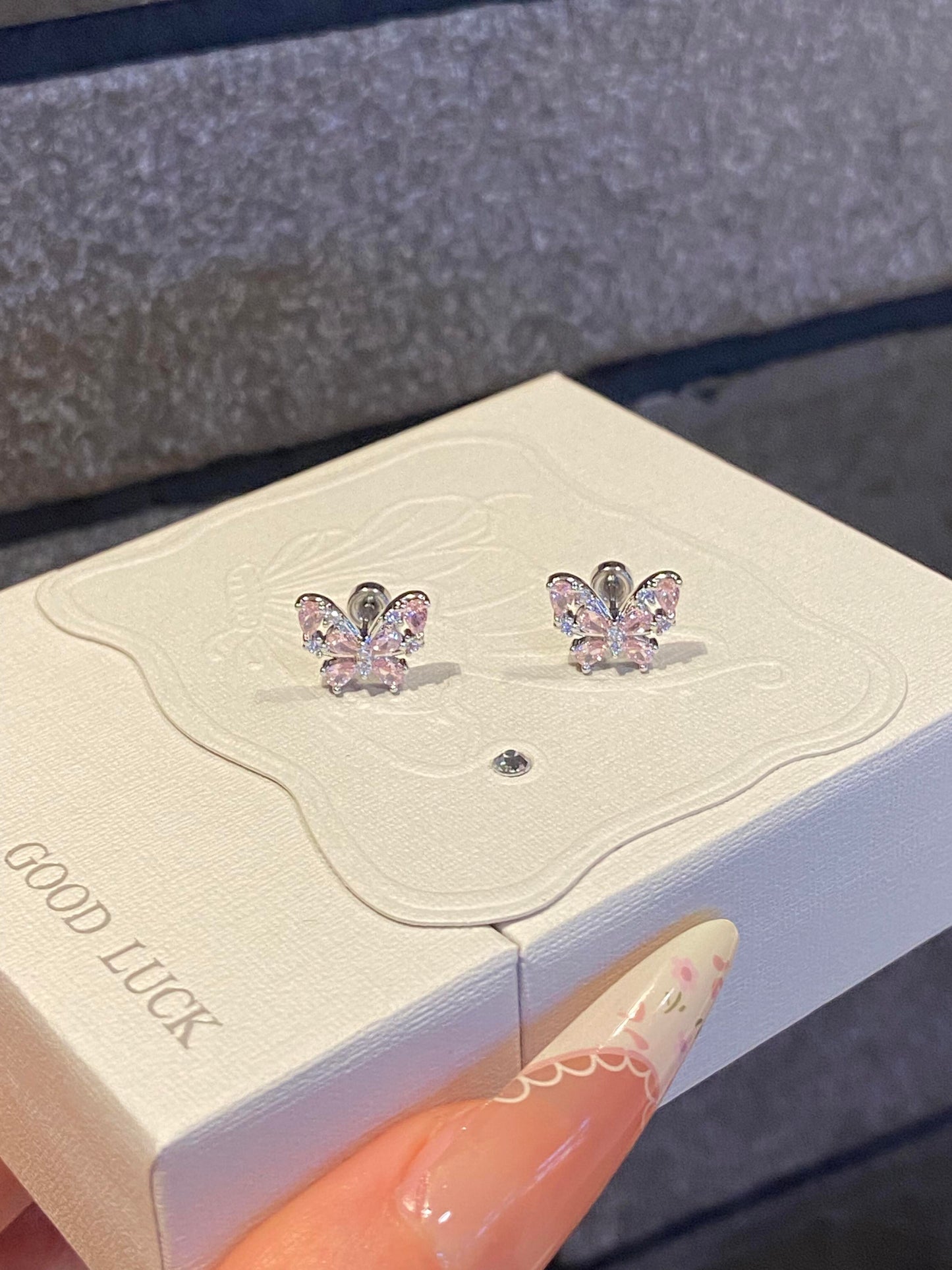 Silver Pink Crystal Butterfly Studs