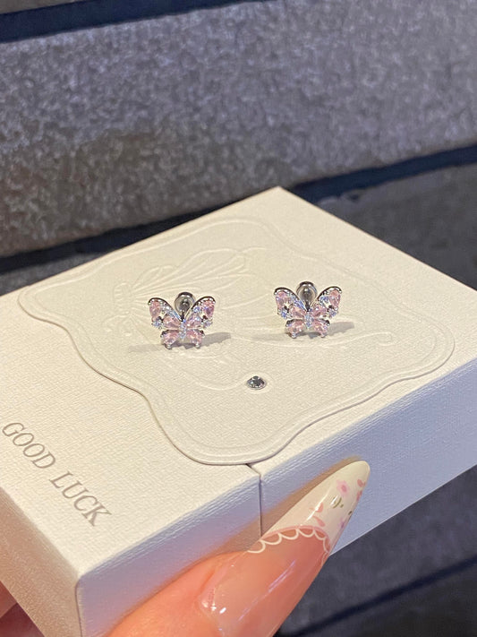 Silver Pink Crystal Butterfly Studs
