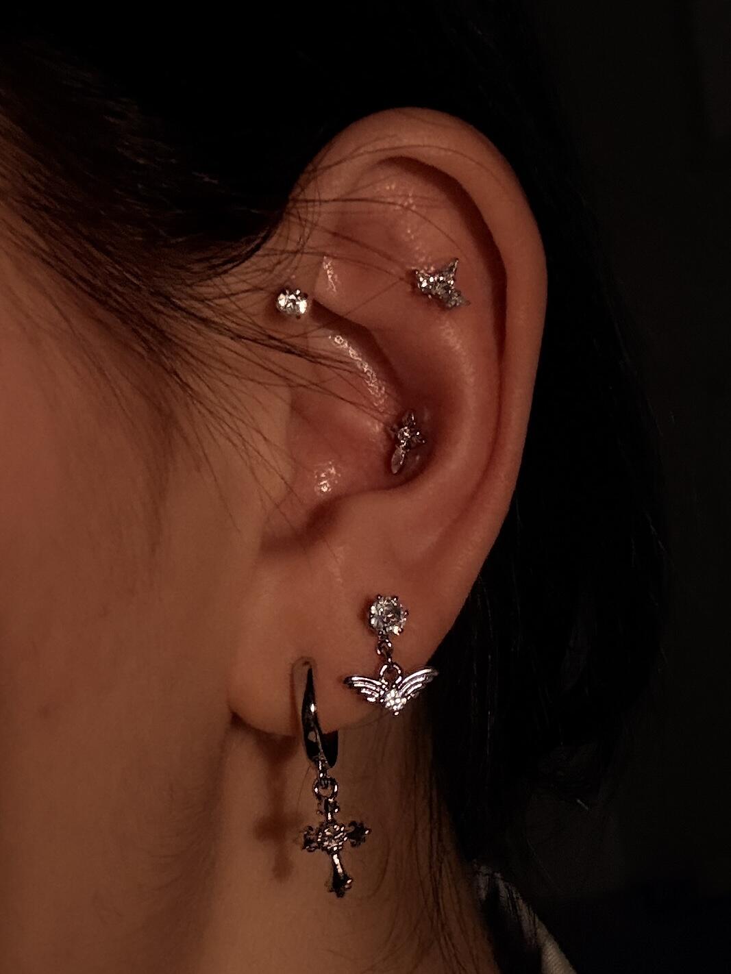 Black and Silver Kitty and Orb Earring Stack