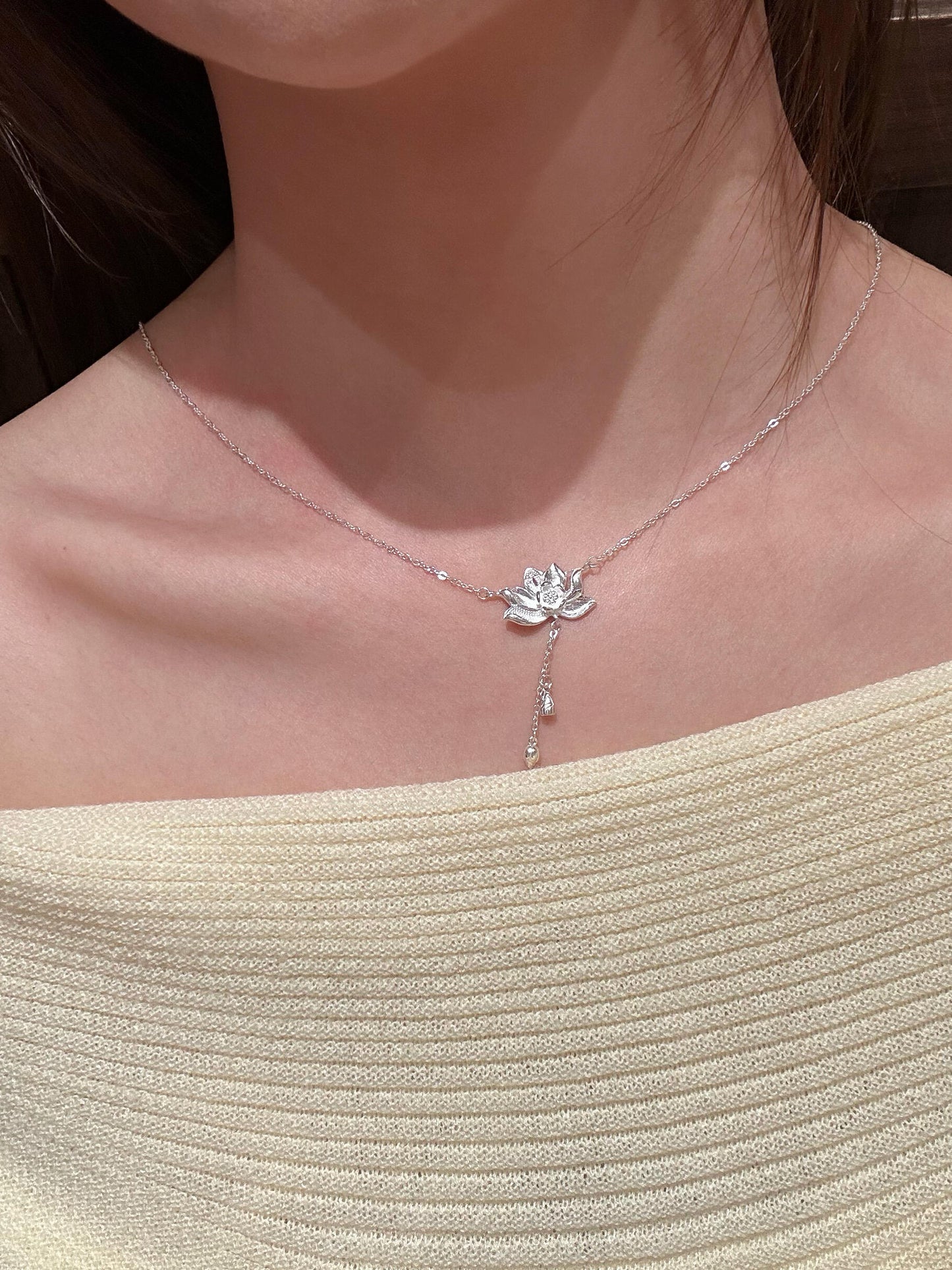 Silver Lotus Drop Necklace
