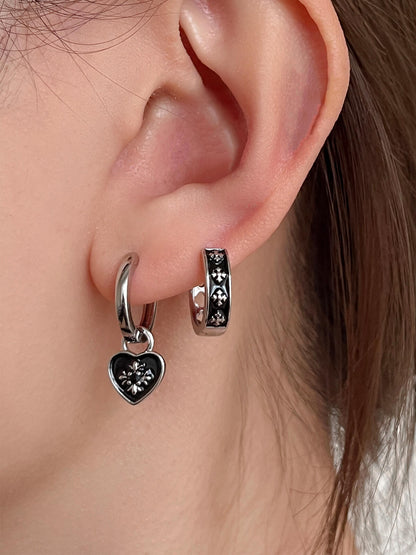 Silver Black Heart and Cross Double Lobe Earring Stack