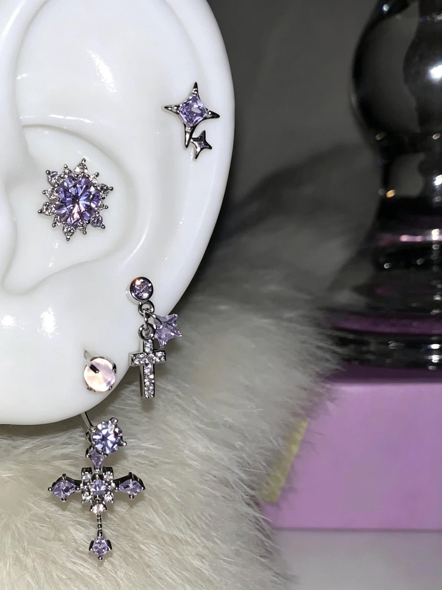 Purple Zircon Cross & Star Earring Set